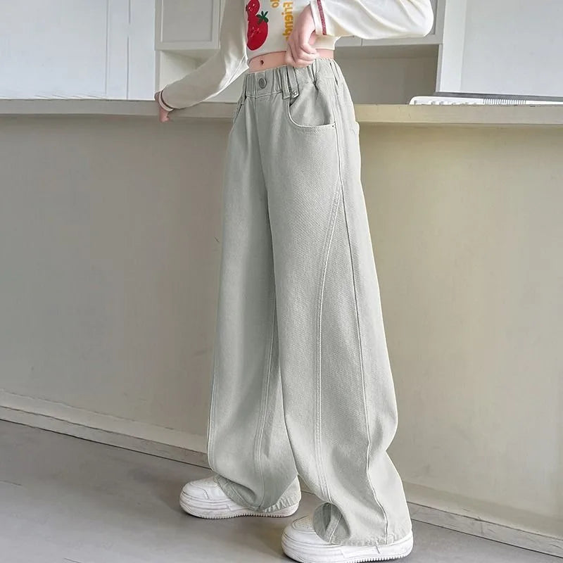 Girls' Wide Leg Pants Spring 5-12 Years Cotton Straight Leg Loose Fit Kids' Trousers Soft Breathable Fashionable Tapered Bottoms