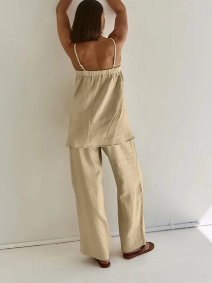 Women Linen Two Piece Set Spaghetti Strap Loose Cami Top Wide Leg Pants Summer Casual Vacation Outfit Matching Suit
