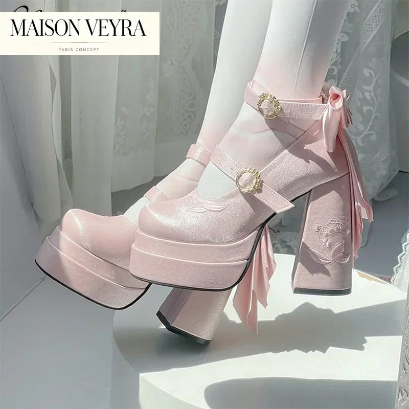 Elegant Satin Waterproof Lolita Mary Jane Shoes Women's Sweet Cute Girls Bow Paltform High Heel Ladies Pumps Platform Heels