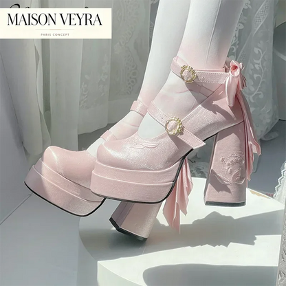 Elegant Satin Waterproof Lolita Mary Jane Shoes Women's Sweet Cute Girls Bow Paltform High Heel Ladies Pumps Platform Heels