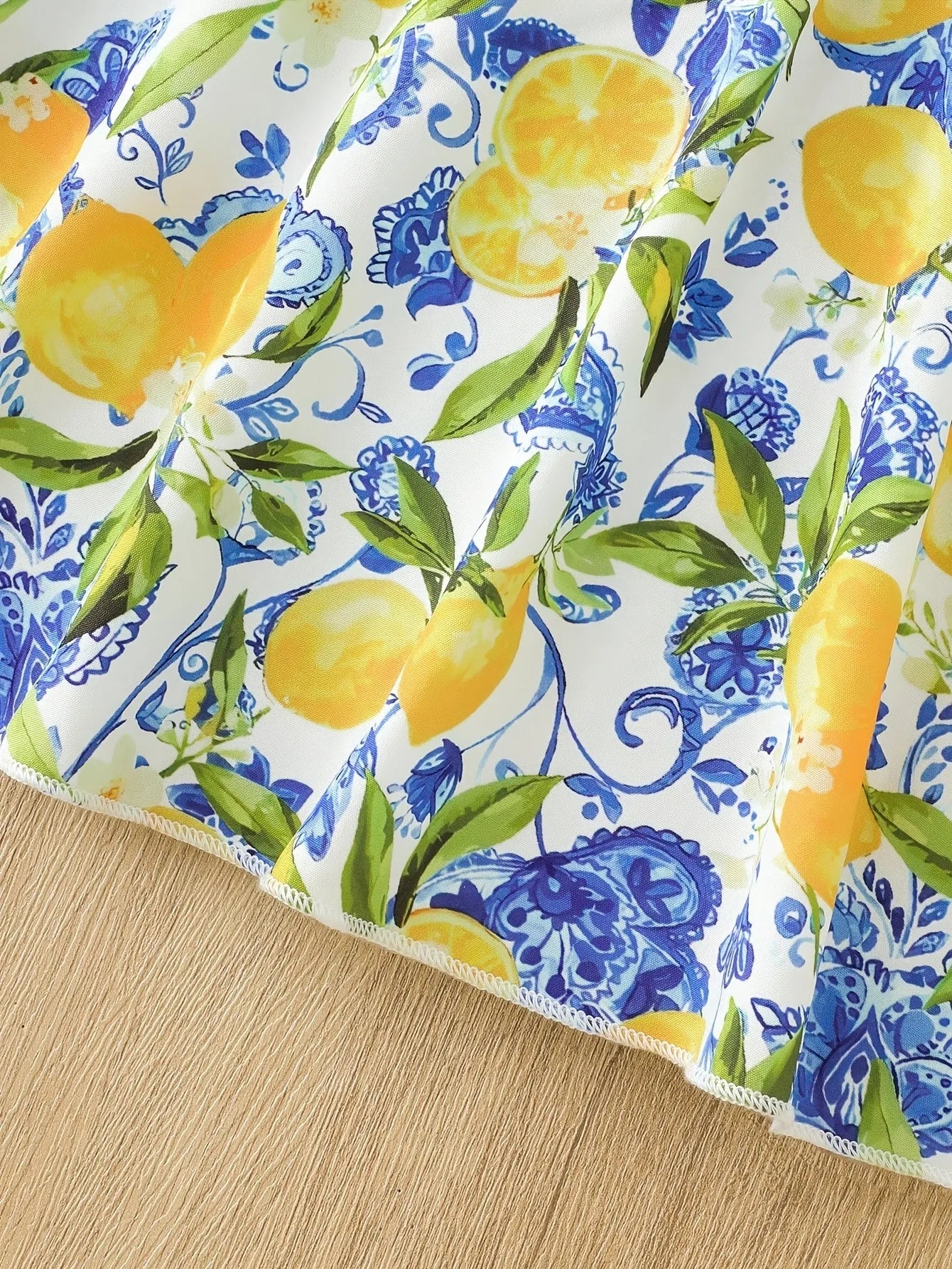 Girls 1-Piece Vacation Sundress, Lemon Blue Floral Print Spaghetti Strap A-Line Casual Summer Dress