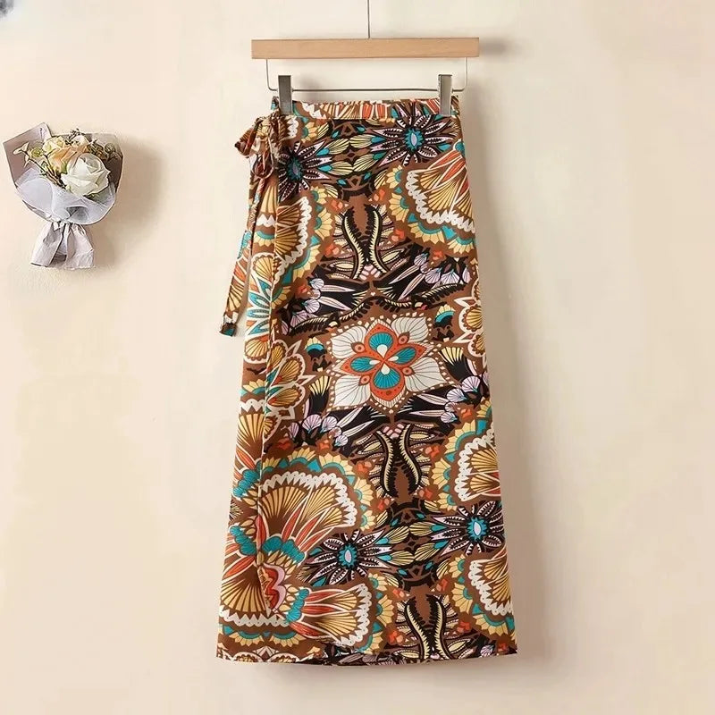 Vacation Style Wrap Skirt Beachside Long Skirt Women's High Waist A-Line Midi Skirt Floral Print One-Piece Summer Spring