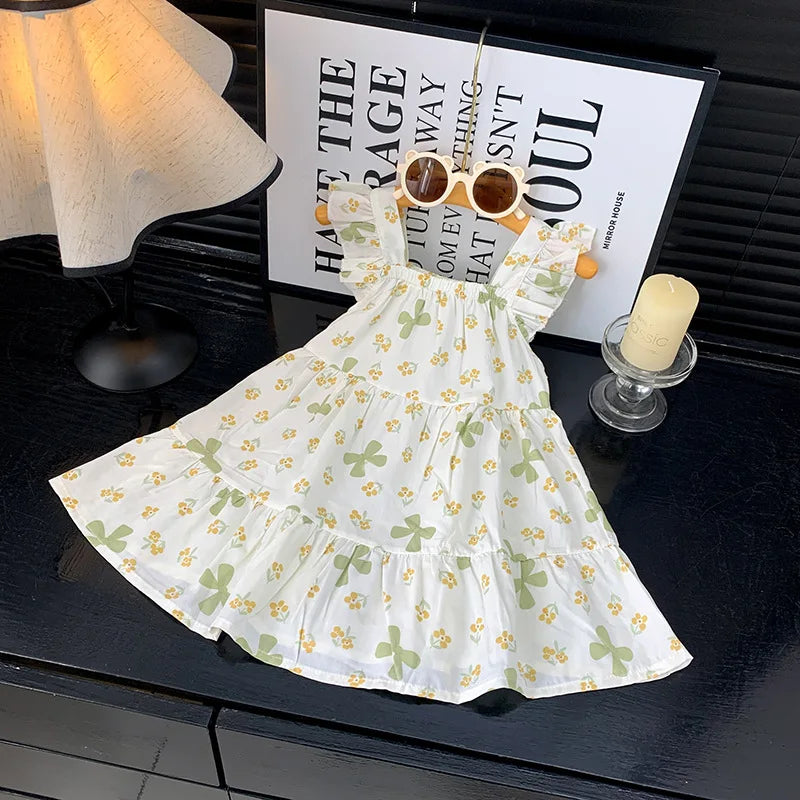 2026 Summer Girls Flutter Sleeve Dress Kids Printed Tiered Princess Dresses for 1-12Y Children Vacation Clothes