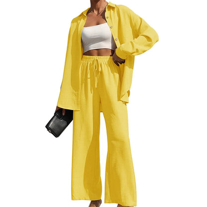 Women's Solid Button Front Shirt & Tie Front Wide Leg Pants Two-piece Set, Casual Drop Shoulder Long Sleeve Blouse Top & Trouser