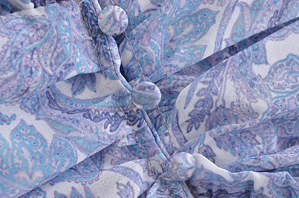 Blue Floral Print Chiffon Mini Dress Women Wood Ears Ruffles V Neck Open Buttons Slim Ruched Waist Long Sleeve Holiday Robe