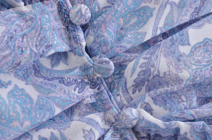 Blue Floral Print Chiffon Mini Dress Women Wood Ears Ruffles V Neck Open Buttons Slim Ruched Waist Long Sleeve Holiday Robe