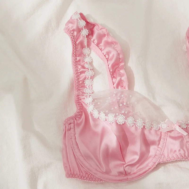 Sweet Pink Satin Lingerie Set Lace Floral Bra Luxury Underwear Bridal Intimate Lingerie Polka Dot Mesh Splicing Sexy Lingerie