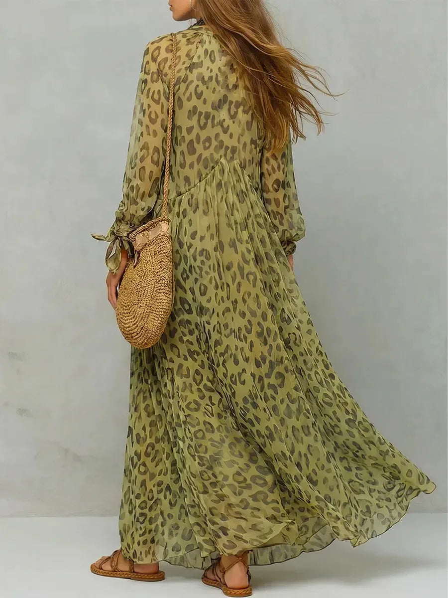 Sexy Deep V Neck High Waist Draped Party Dresses Woman Elegant Leopard Print Long Dress Spring Puff Sleeve Chiffon Holiday Dress
