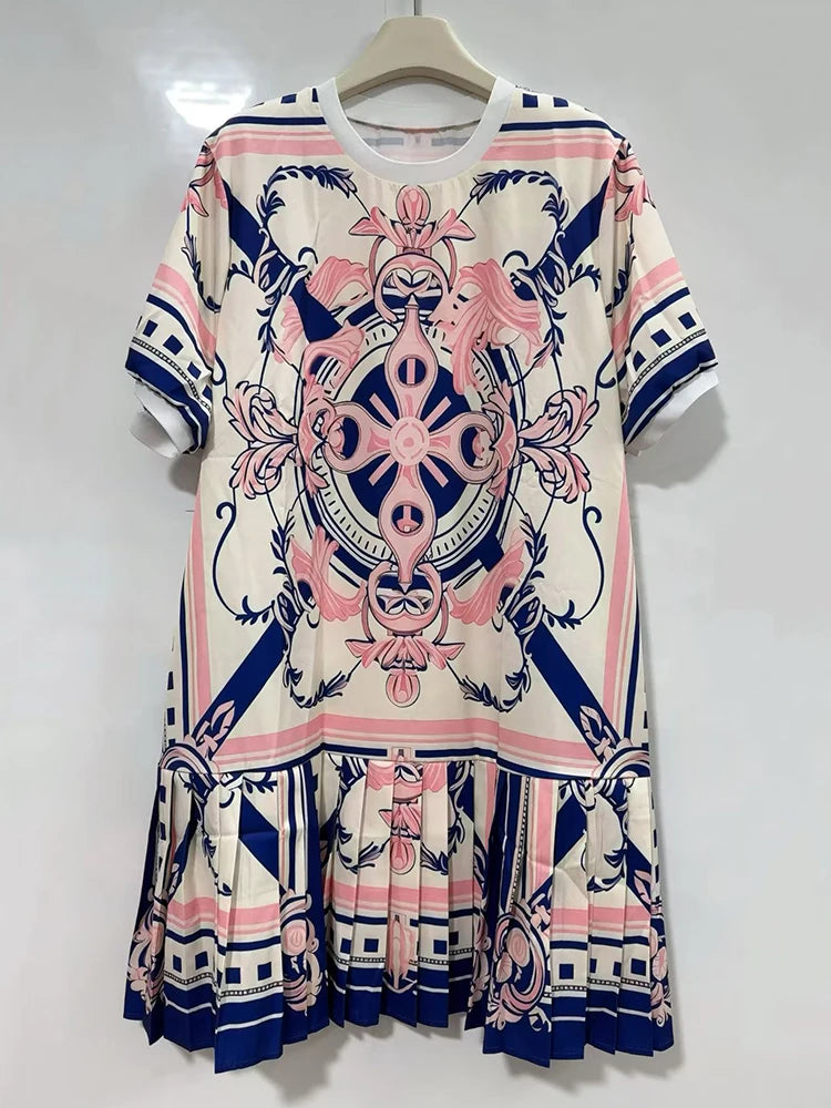 Retro geometric print round neck pullover dress 2026 summer women's T-shirt skirt fashionable loose oversized puffy skirt