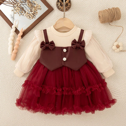 Autumn New Solid Color Chiffon Baby Girl Princess Dress, Sweet Bow Children'S Clothing For Birthdays (6 Months -3 Years)