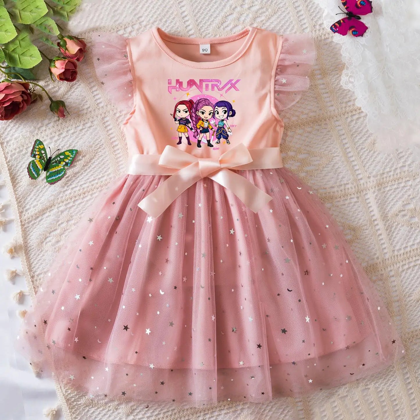 K-Pop Hunters Zoey Rumi Girls Sequin Tutu Dress with Bow Flutter Sleeves Summer Princess Party Outfit for Toddler Kids 2-6Y