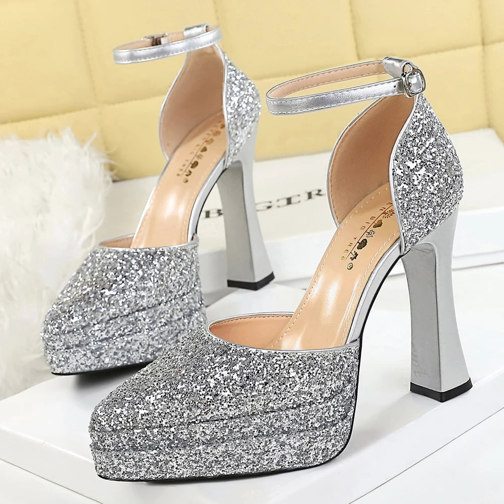 BIGTREE Shoes Sequin Women Pumps Double Layer Platform Heels Women Shoes Luxury Banquet Shoes High-heeled Sandals Summer Shoes