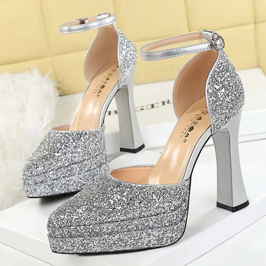 BIGTREE Shoes Sequin Women Pumps Double Layer Platform Heels Women Shoes Luxury Banquet Shoes High-heeled Sandals Summer Shoes