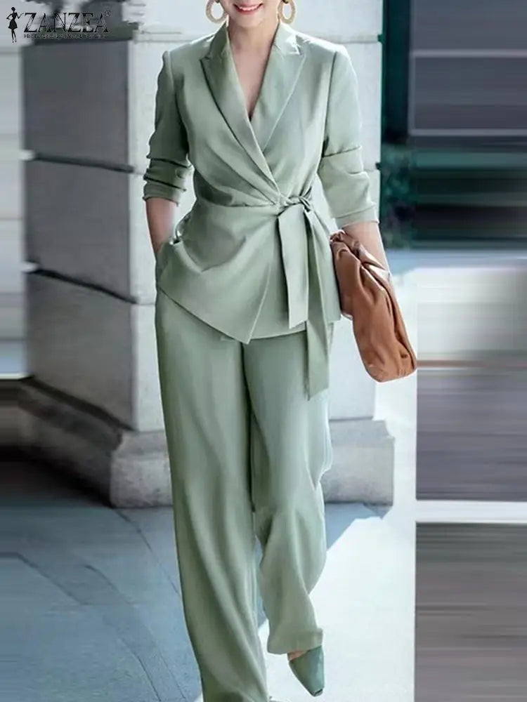 2023 ZANZEA Women Suit Autumn 2CPS Long Sleeve Lapel Blouse Causal Wide Leg Pants Sets Elegant Lady Office Blazer Matching Sets