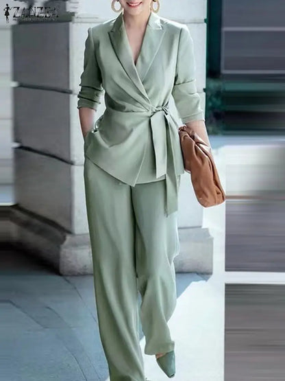 2023 ZANZEA Women Suit Autumn 2CPS Long Sleeve Lapel Blouse Causal Wide Leg Pants Sets Elegant Lady Office Blazer Matching Sets