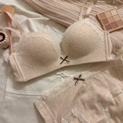 New Sweet Girl Lace Edge Sexy Lingerie Women's Small Breasts Gather No Wire Anti-Sag Bra Set Student Bra Panties Underwear Set