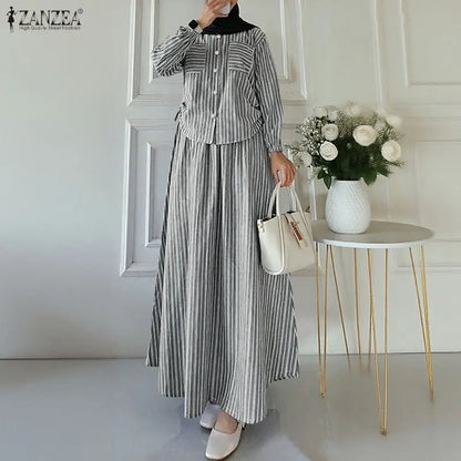 ZANZEA Muslim Hijabs Women's Striped Skirt Suits Long Sleeve Shirt & A-Line Maxi Skirt 2 Pieces Sets Islamic Woman 2pcs Outfits