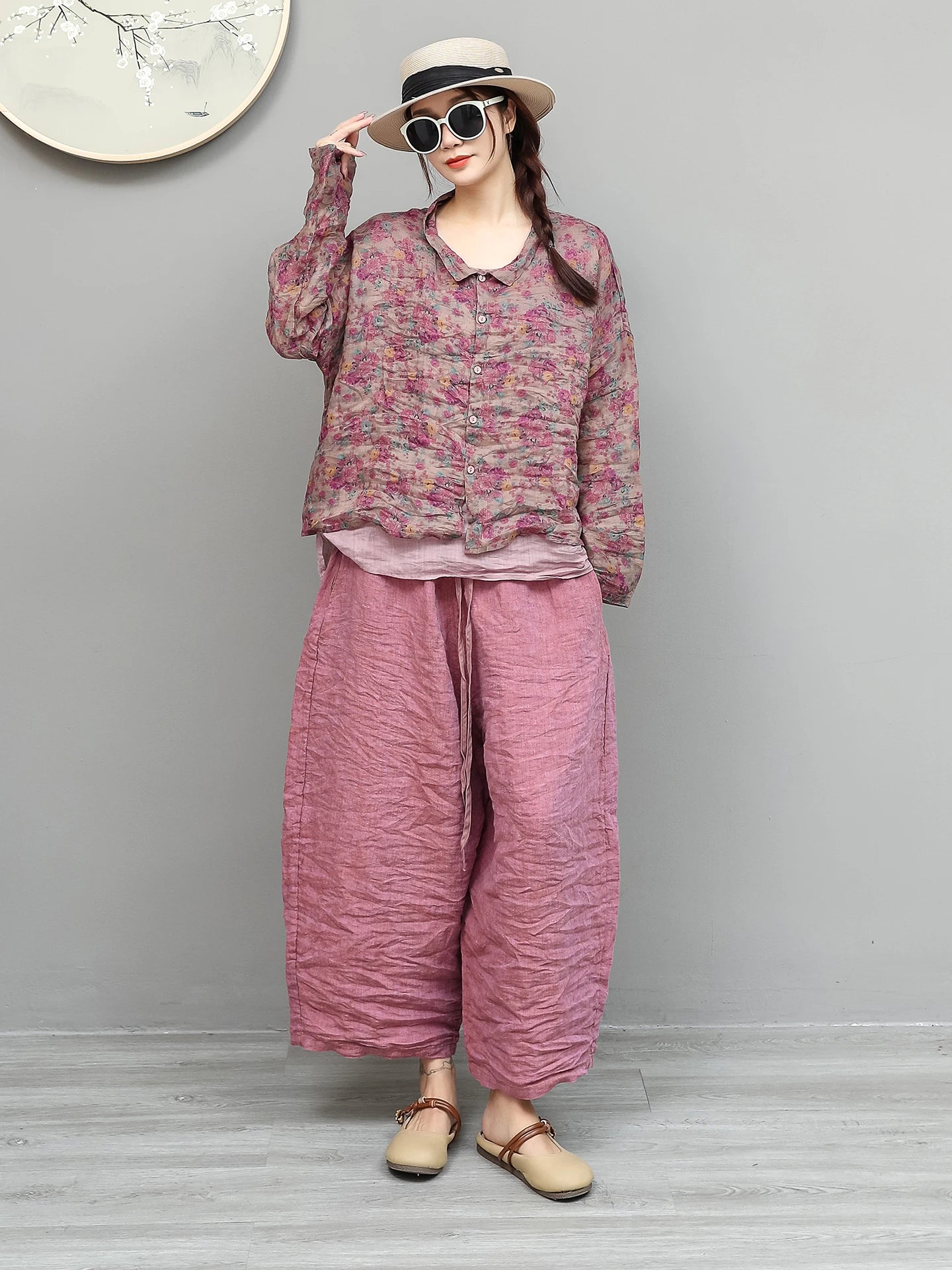 Women Summer Floral Lightweight Ramie Long-sleeve Shirt + Loose Cropped Pants Two-piece Set XY442