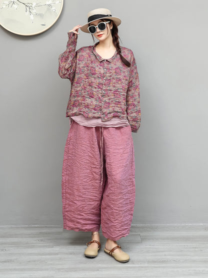 Women Summer Floral Lightweight Ramie Long-sleeve Shirt + Loose Cropped Pants Two-piece Set XY442