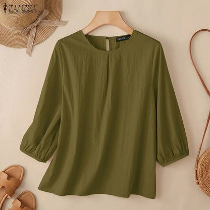 ZANZEA Summer 2026 Pleats Detailing Blouses Women O-Neck 3/4 Puff Sleeve Solid Color Tops Daily Casual Plain Blusas de Mujer