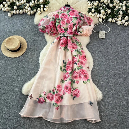Chic vintage Sexy print mesh Spliced Fairy Summer  Women Boho Sundress women clothing Long dress
