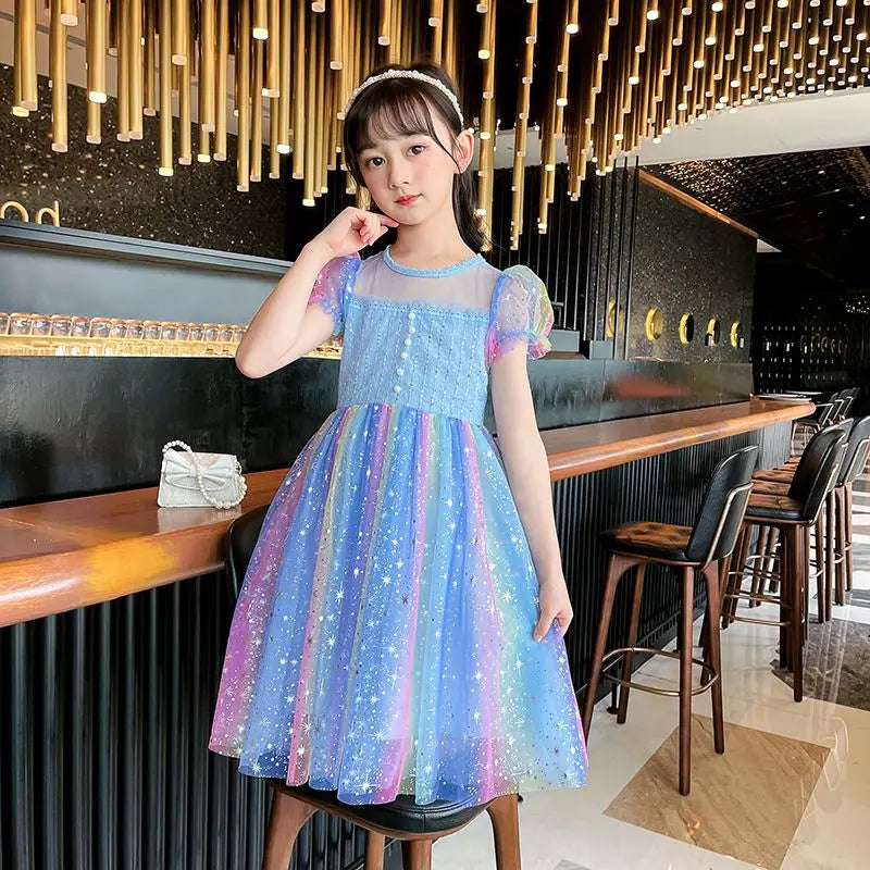 Puffy Dress Rainbow-colored Tulle Girls Holiday 2025 Beautiful Dresses Girls' Casual Kids Korean Children's Clothes Girl 8 Years