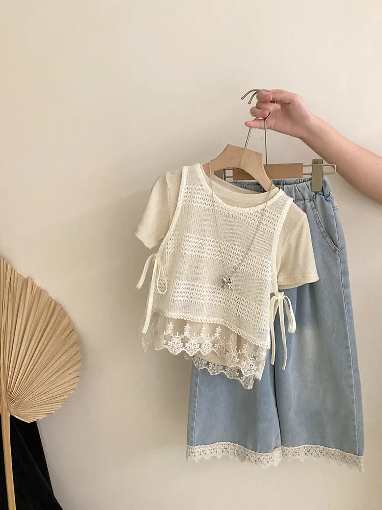 Girls' Summer New Korean Style Hollow Out Lace Trim Tank Top Solid Color Short Sleeve Casual Denim Three-Piece Set