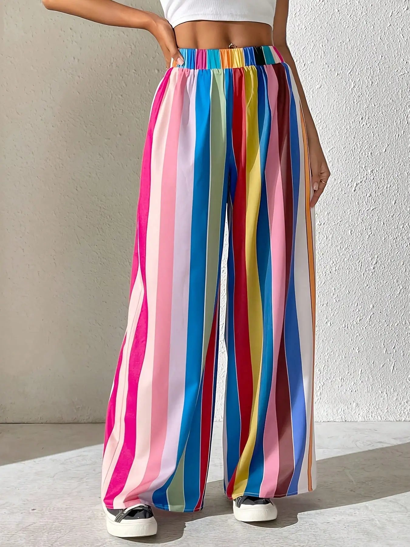 Popular Casual Women's Wear, Plus Size Elastic Waist Color Striped Pants, Loose and Comfortable Wide-Leg Pants, Long Style