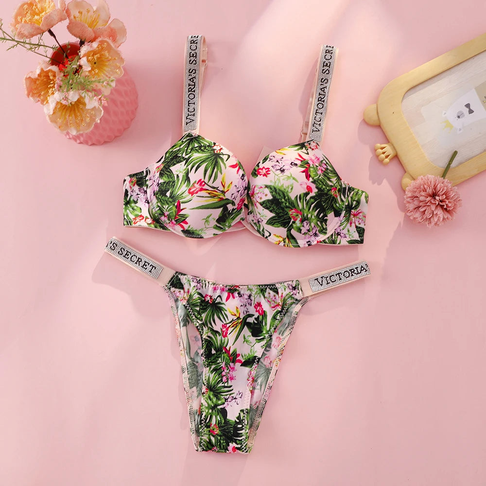 Victoria Secret Sexy Lingerie Set Very Sexy Logo Shine Strap Tropical Floral Push Up Bra Shine Script Thong Panty