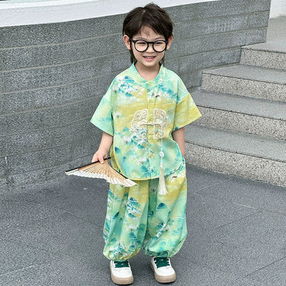 Short Sleeve Tops Shorts 2 Piece Set Boy Outfit Casual Kids Clothes Baby Tang Hanfu Suit Boys Costume Children's Sets Summer