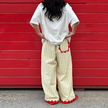 Loose Stripe Women'e Long Pants Summer Elastic Waist Contrast Ruffle Wide Leg Pant For Women 2026 Fashion Casual Lady Trousers