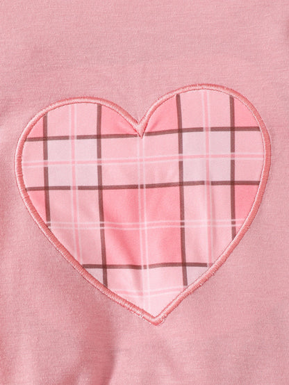 Casual Plaid Heart Patchwork Embroidery Dress for Girls with Short Sleeves Outdoor Scene Suitable Girls Dress with Crossbody Bag