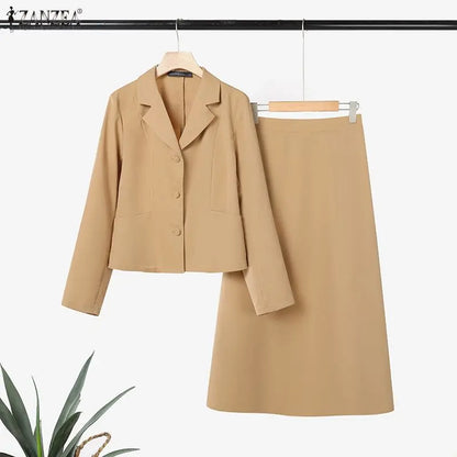 2026 ZANZEA Spring Lapel Neck Long Sleeve Shirt Dress Sets Office Women 2 Pieces Sets Stylish Solid OL Outfits A Line Skirt Suit