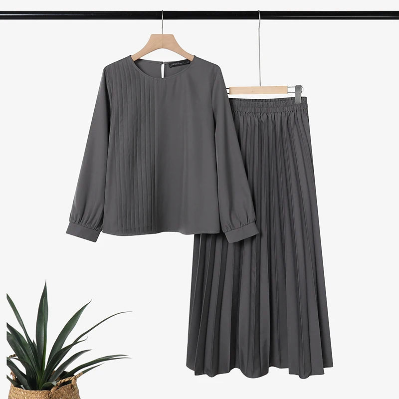 2026 ZANZEA Elegant Muslim 2 Pieces Sets Dubai Hijab Tracksuit Summer Women Long Sleeve Tops Dress Suit Ramadan Outfits Oversize