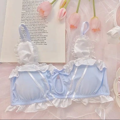 Japanese Cute Girl Lace Bra Set Hollow Sexy Sweet Rimless Underwear Bras for Women
