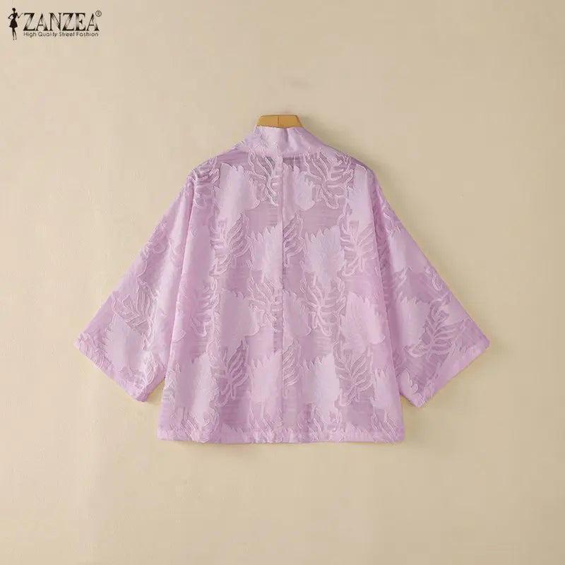 ZANZEA Woman Textured Floral Clip-Dot Cardigans V-Neck Long Sleeves Lace-Up Open Front Kimonos Summer Vacation Beach Cover-Up