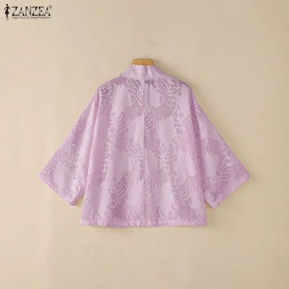 ZANZEA Woman Textured Floral Clip-Dot Cardigans V-Neck Long Sleeves Lace-Up Open Front Kimonos Summer Vacation Beach Cover-Up