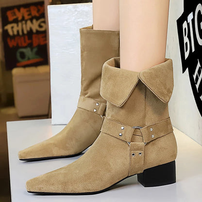 BIGTREE Shoes Women Mid-Calf Boots Retro Style Western Boots Square Head Belt Buckle Women Boots Suede Thick Heel Autumn Boots