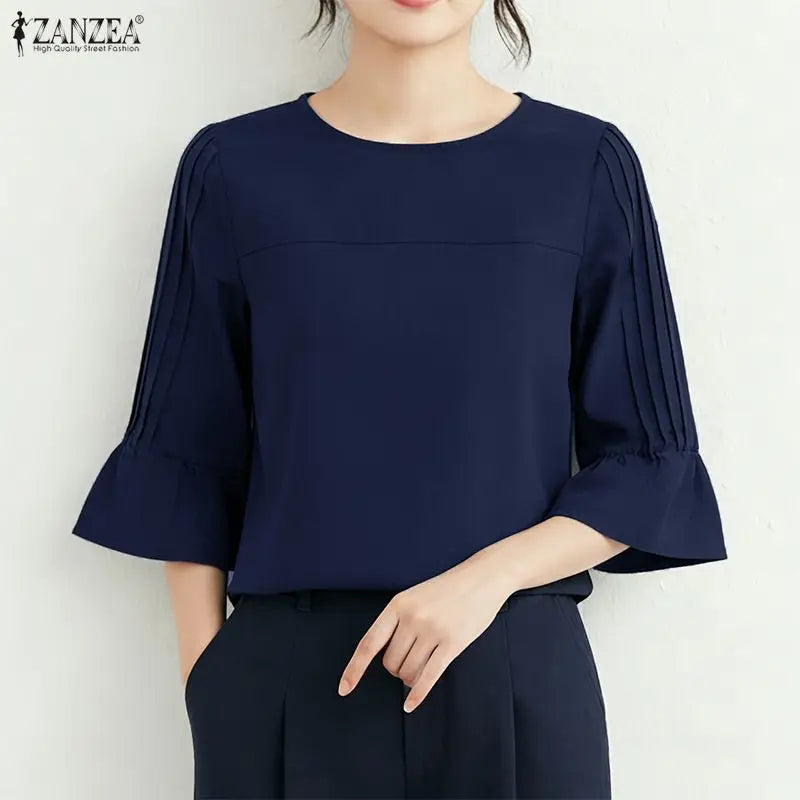 ZANZEA 2026 Woman Casual Effortless Blouses O-Neck Pintuck Detailed 3/4 Flared Sleeve Solid Color Tops Autumn Daily Blusas Mujer