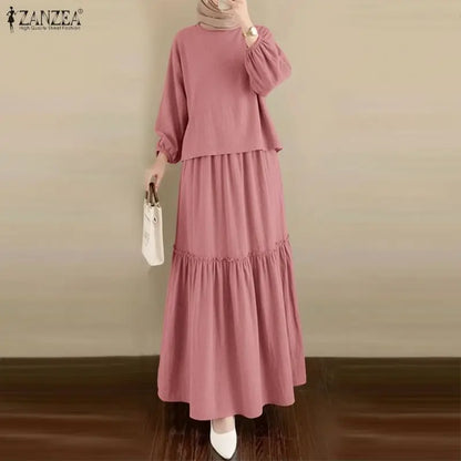 2026 ZANZEA Fashion Women Long Sleeve Tops Dress Suit Muslim 2 Piece Sets Solid Outfits Dubai Hijab Tracksuit A Line Skirt Sets
