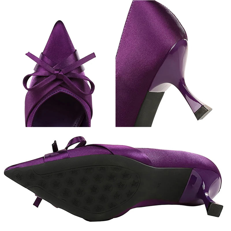 BIGTREE Shoes Silks Satins Women Pumps Bowknot Kitten High Heels Pointed Tip Women Heels Stiletto 6 CM Sexy Party Shoes Pumps