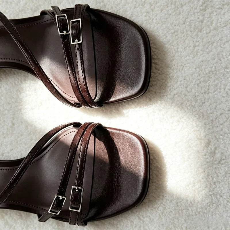 Fashion Narrow Band Buckle Detail Heeled Sandals Women Elegant Square-toe Open-toe Slingback Heels Luxury Brand Designer Shoes