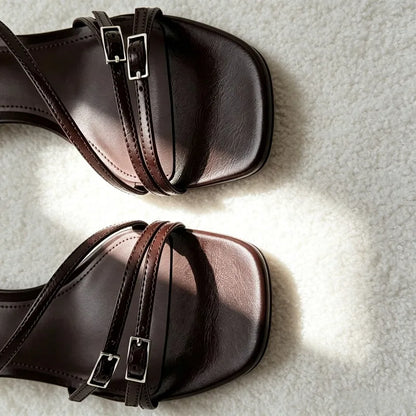 Fashion Narrow Band Buckle Detail Heeled Sandals Women Elegant Square-toe Open-toe Slingback Heels Luxury Brand Designer Shoes