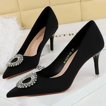 BIGTREE Shoes Women 7.5 cm Heels Rhinestone Round Buckle Women Pumps Silks Satins High Heels Sexy Party Shoes Large Size 34-43
