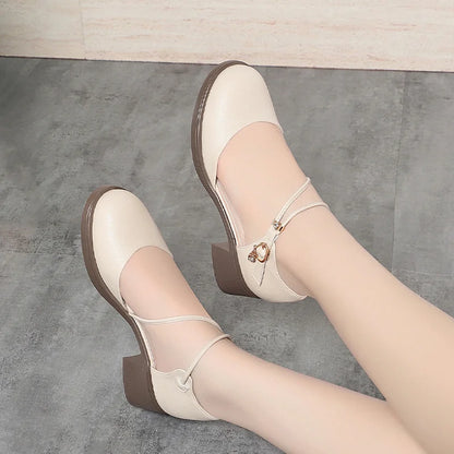 2025 New Sandals Women's Mid-Heel Soft Leather Shoes Thick Heel Summer One-Button Hollow Comfortable And Elegant Mother's Shoes