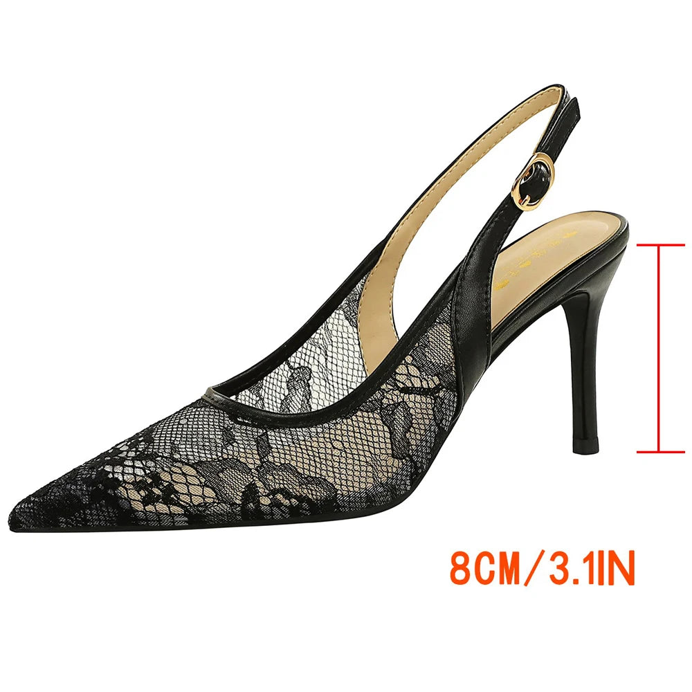 Sexy High Heels Women Shoes Hollow Lace Mesh High-Heeled Sandals Women Pumps Buckle Pointed Female Heels Summer Stiletto 8 cm