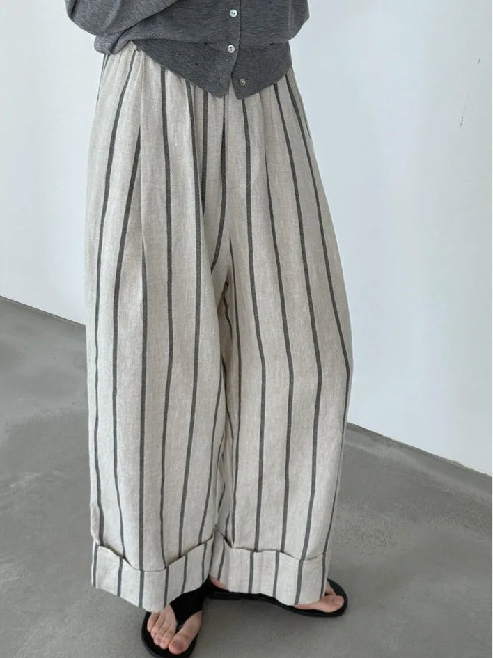Retro Cuffed Linen Striped Casual Pants Loose Slim Straight Leg Summer Wide Leg Pants for plus Size Women Ladies Fashion