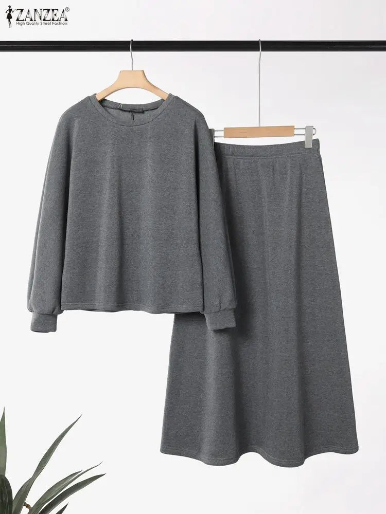 ZANZEA Women Autumn Pullover Sweatshirt and Elastic Waist A-Line Midi Skirt 2 Pieces Dress Sets Cozy Casual Solid Suits Outfits