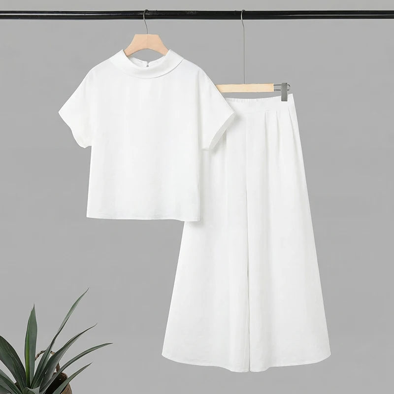 ZANZEA Women's Loose Pant Sets Collared Short Sleeve Tops & Wide Leg Pants 2 Pieces Suits Daily Casual Solid Color 2pcs Outfits