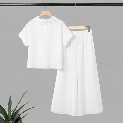 ZANZEA Women's Loose Pant Sets Collared Short Sleeve Tops & Wide Leg Pants 2 Pieces Suits Daily Casual Solid Color 2pcs Outfits